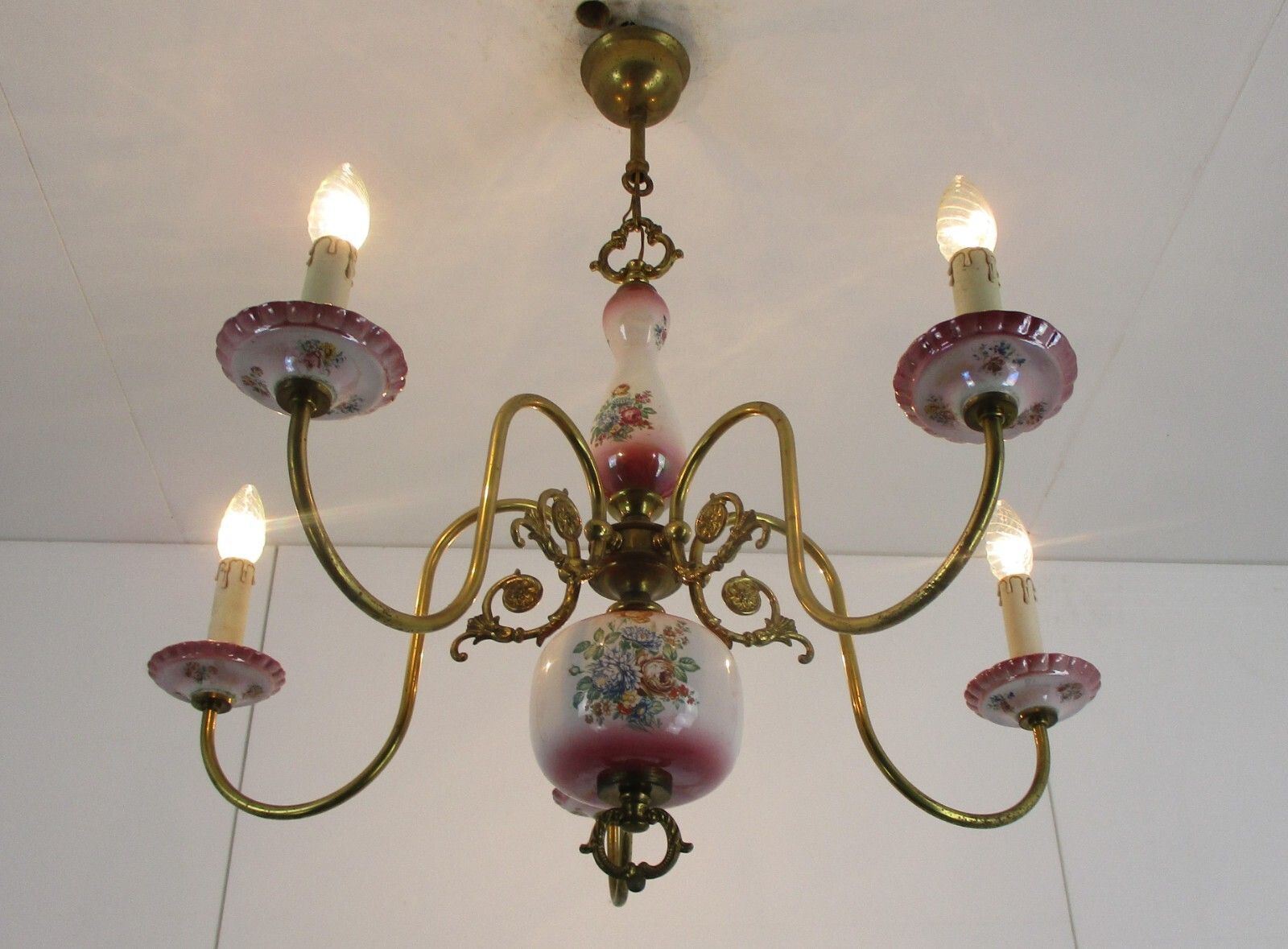 Chandelier 6 Arms Lights Ceramic Porcelain  Pink Flowers  Mid Century Italy photo furniture
