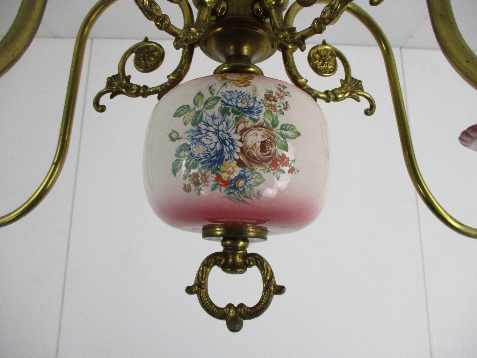 Chandelier 6 Arms Lights Ceramic Porcelain  Pink Flowers  Mid Century Italy photo vinterior