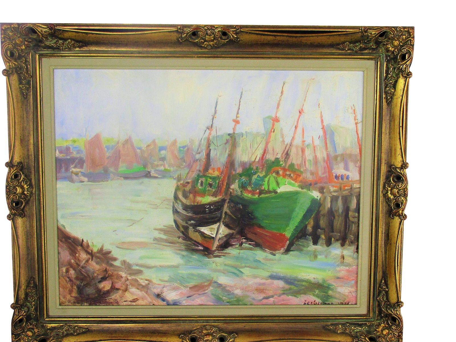 Lovely Painting Marine Marina Zeebrugge Ornate Frame Signed Oil Painting photo furniture