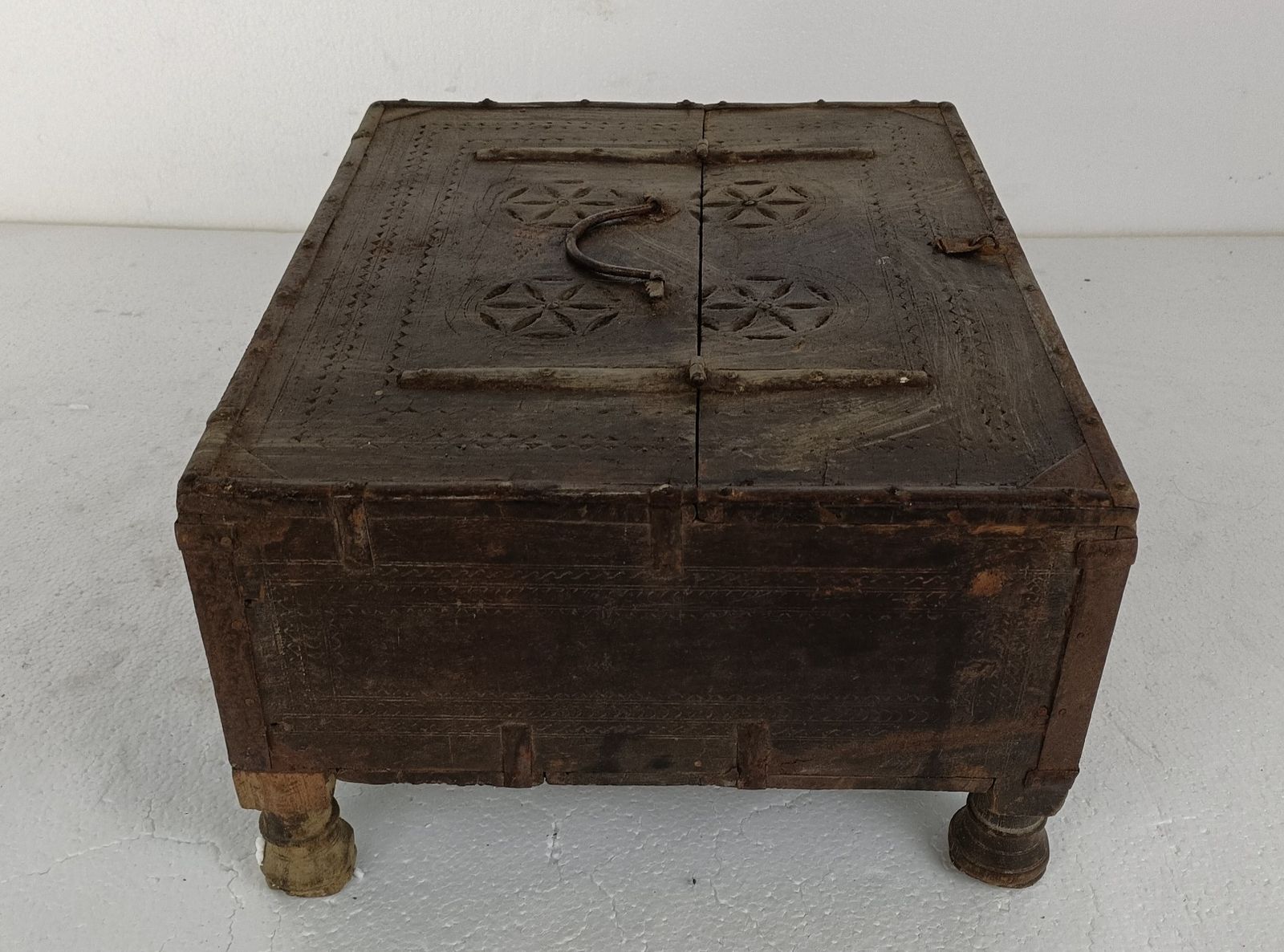 photo furniture Antique Rajasthani Footed Chest Box India 1900's Spice Salt Box Ornate Carved Wo