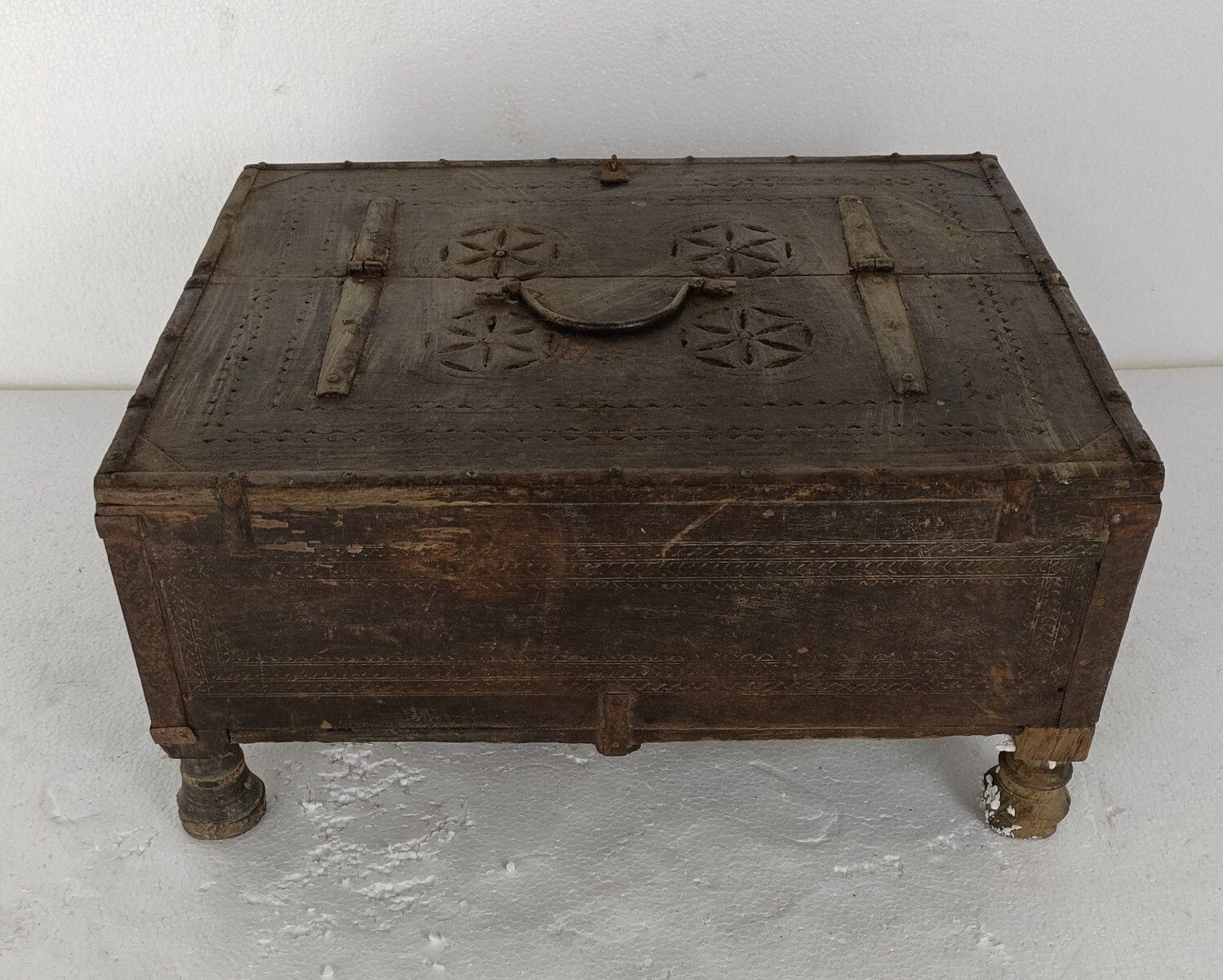 photo for sale Antique Rajasthani Footed Chest Box India 1900's Spice Salt Box Ornate Carved Wo