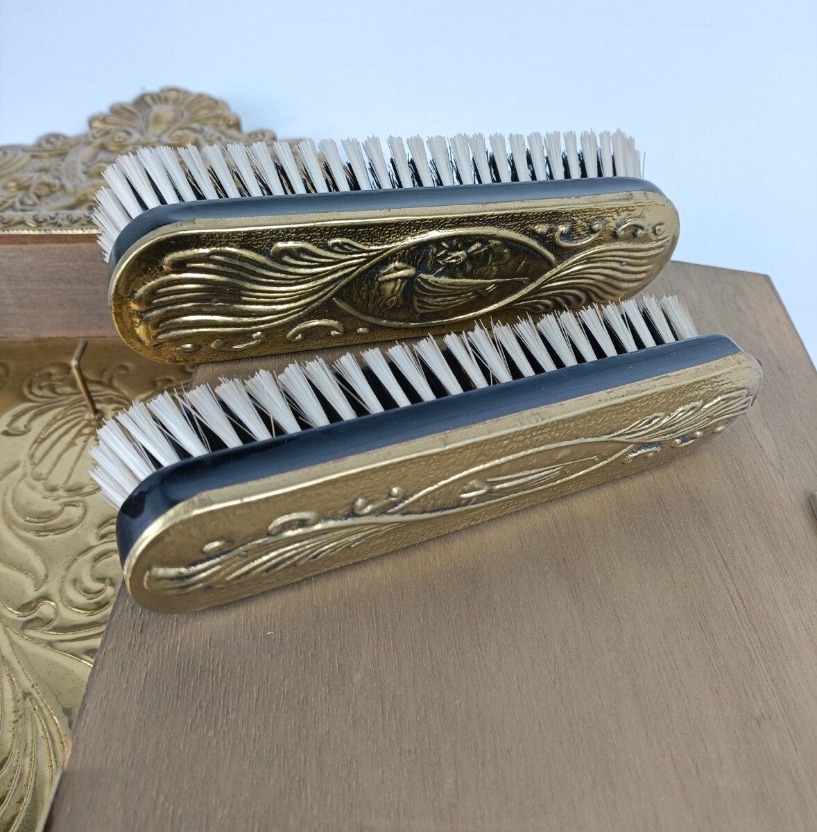 Vintage Mirror Brush Brass Glass Cabinet Continental Ornate Brushes Included Wal photo 323.0