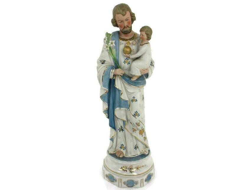 Antique Porcelain Bisque Statue Saint Joseph And Infant Jesus Protector Of Homes