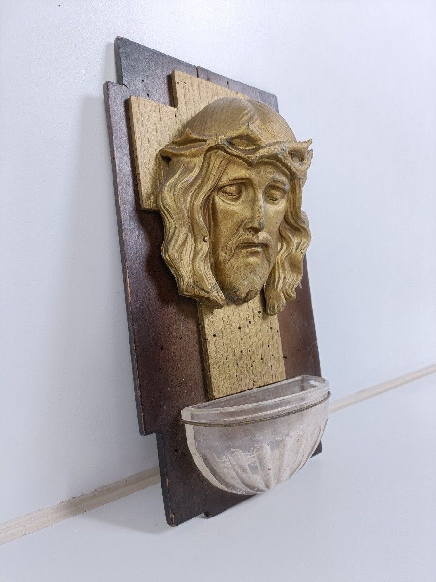 Large Holy Water Font Glass Wooden Back Jesus Head Of Thorns Art Deco Spelter Wa photo Art