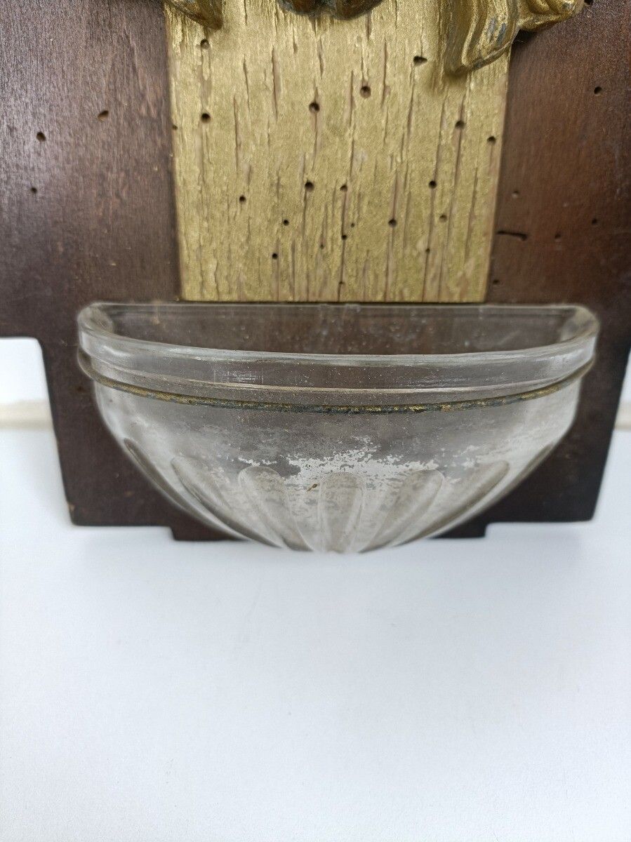 Large Holy Water Font Glass Wooden Back Jesus Head Of Thorns Art Deco Spelter Wa photo 146.0