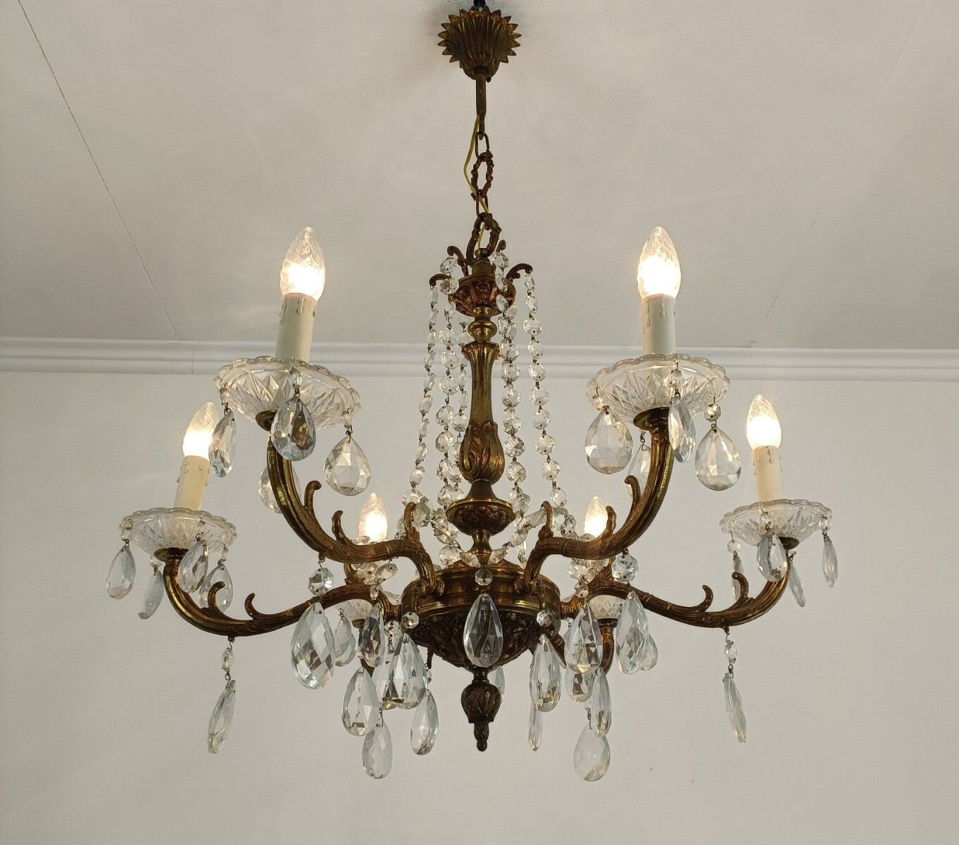 6 Arm Lights Chandelier Revival French Empire Style Bronze  Ornate Prisms Beads photo for sale
