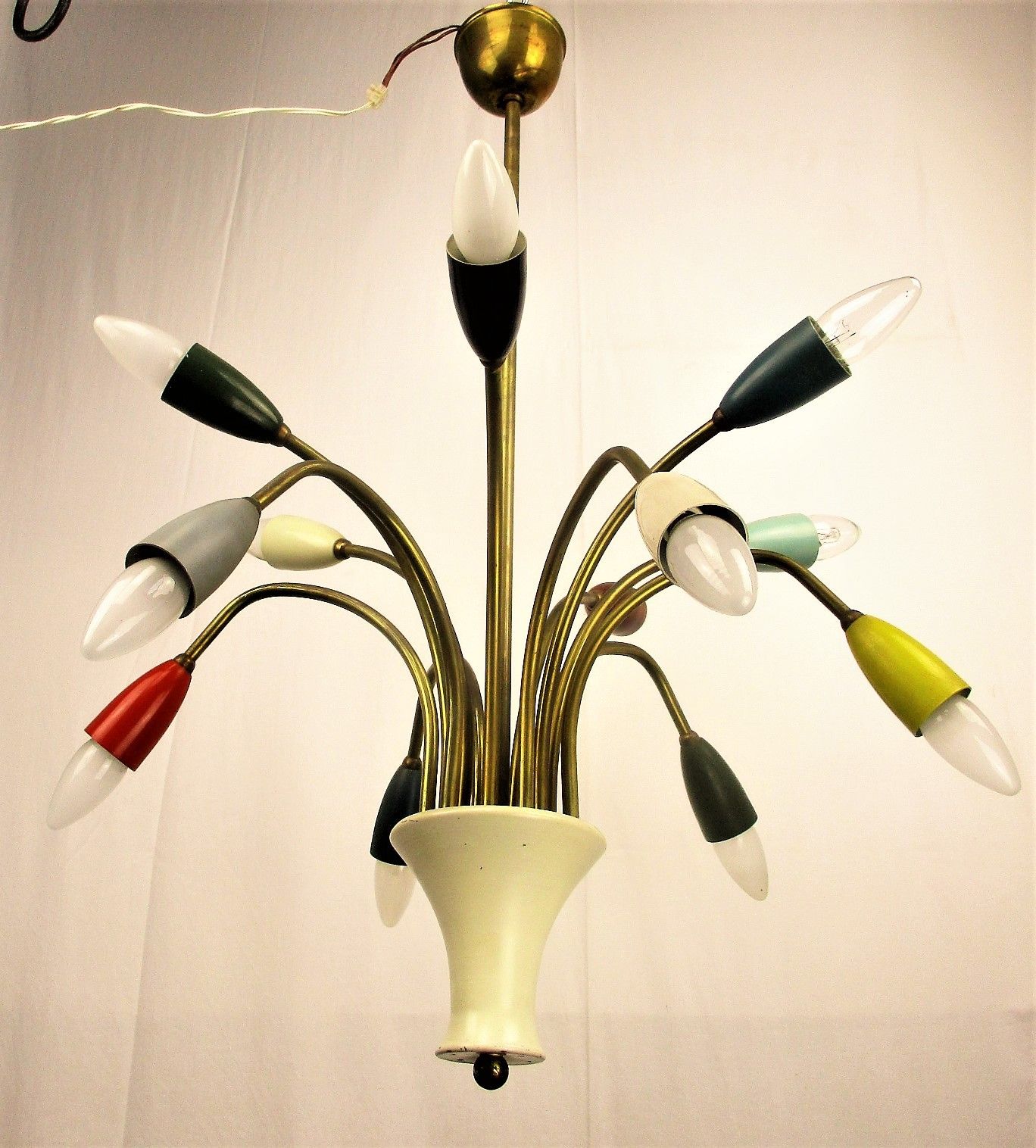 Italian 12 Arm Light Spider Sputnik Atomic Chandelier Metal Shades Era Stilnovo photo for sale