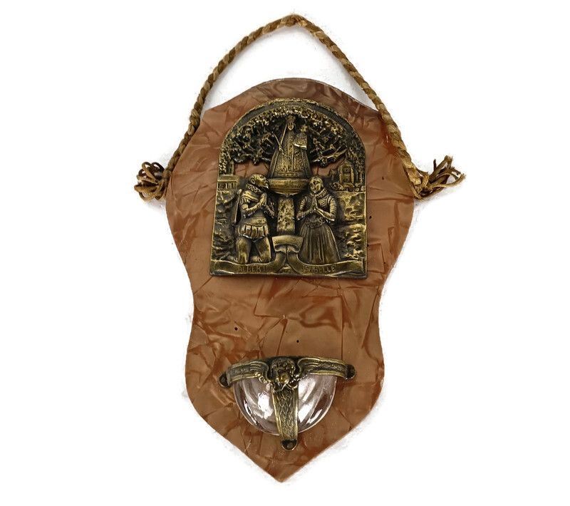 Holy Water Font Vessel Large Wall Hanging Faux Marble Trim Brass Wood Montaigu P