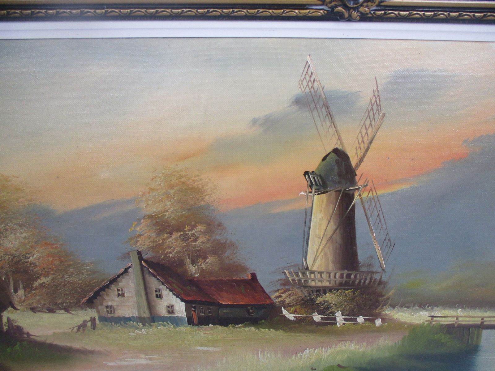 Oil Painting Canvas Framed Landscape Farm Windmill Creek Peaceful Signed photo furniture