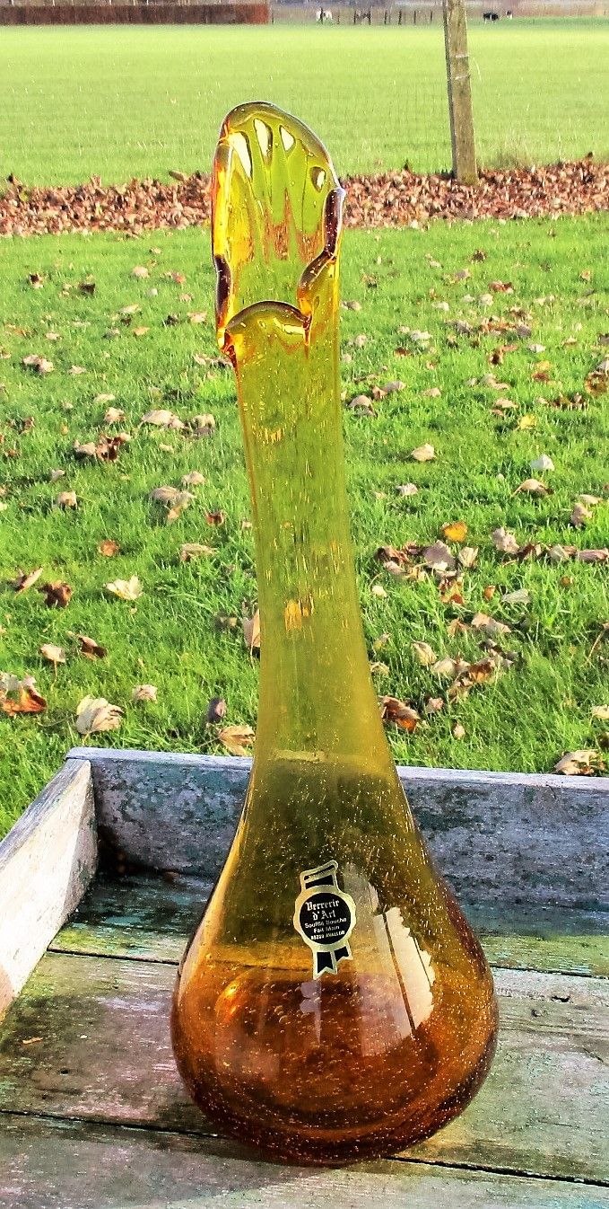X Large Amber Glass Vase Bottle Hand Blown French Avallon Verrerie D'art