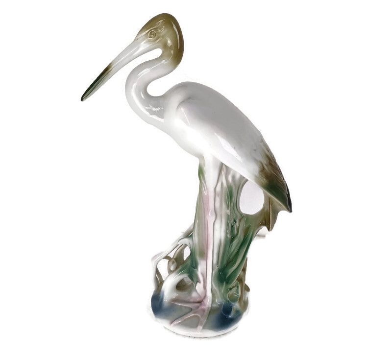 Large Porcelain Figure Heron, Crane By Porfin Cluj Napoca, Iris Mid Century Vint