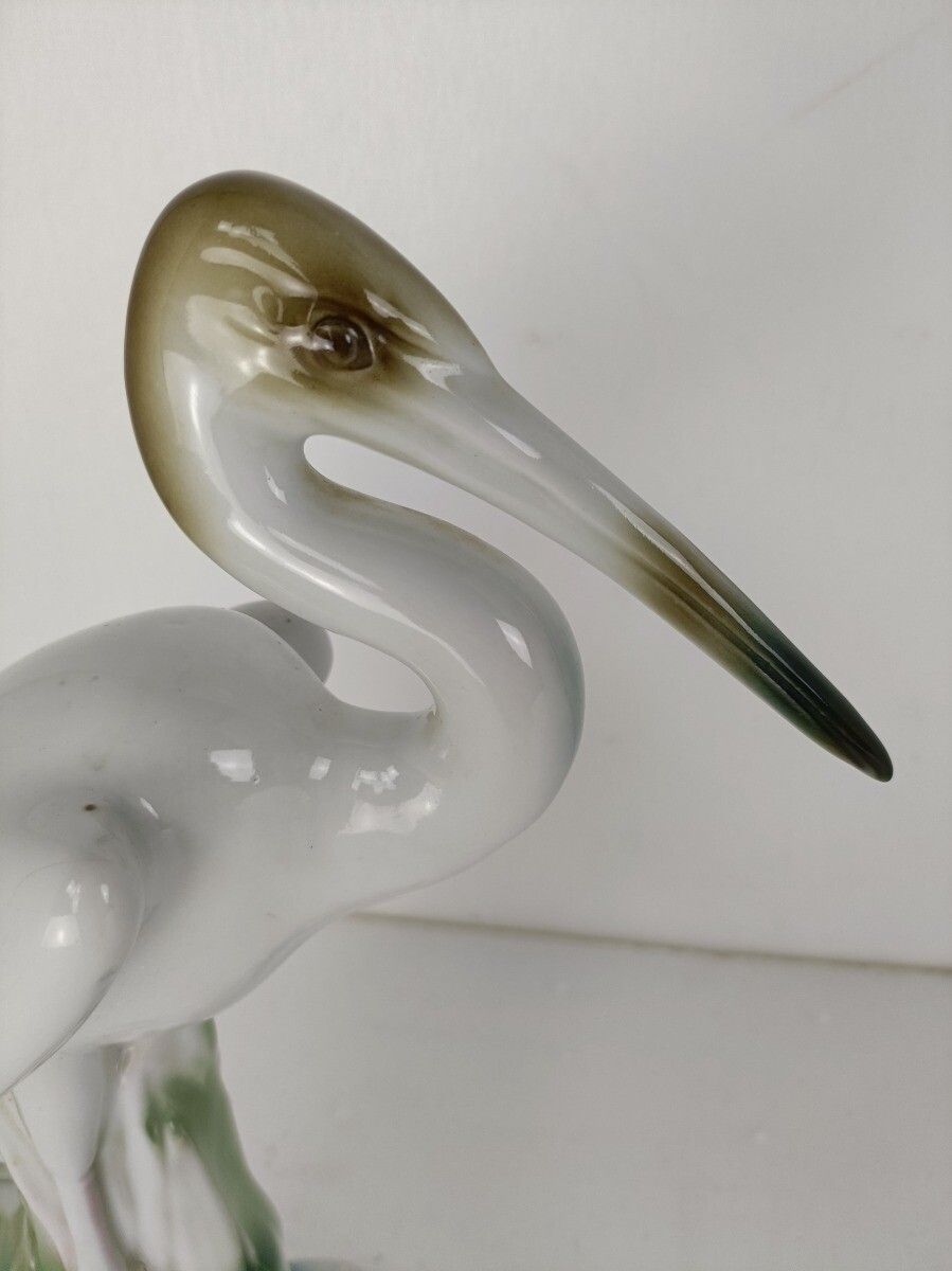 Large Porcelain Figure Heron, Crane By Porfin Cluj Napoca, Iris Mid Century Vint photo vinterior