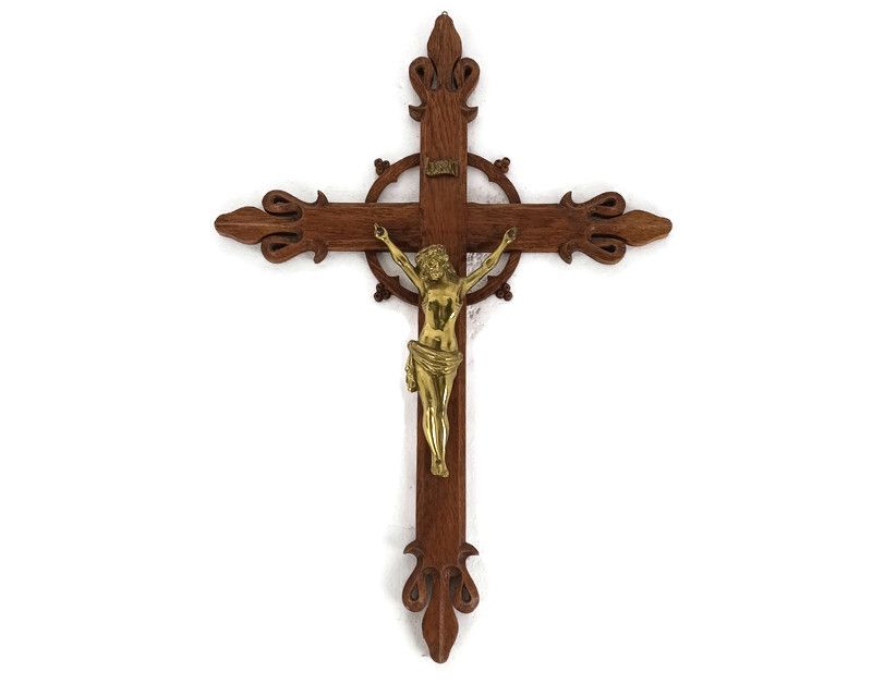 Hand Carved Wood  French Hanging Ornate Crucifix Cross Jesus Christ Fleur De Lis