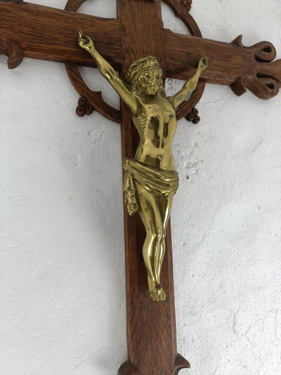 Hand Carved Wood  French Hanging Ornate Crucifix Cross Jesus Christ Fleur De Lis photo for sale
