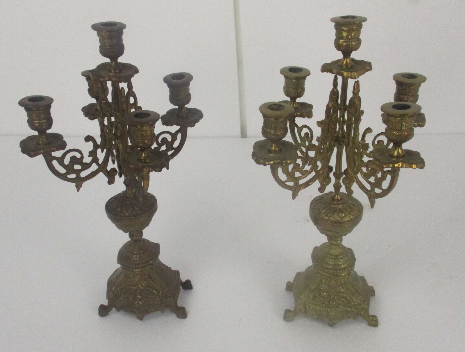 Pair Couple Antique  Gorgeous Brass Ornate Embossed 5 Arm Candle Holder Sticks C photo vinterior