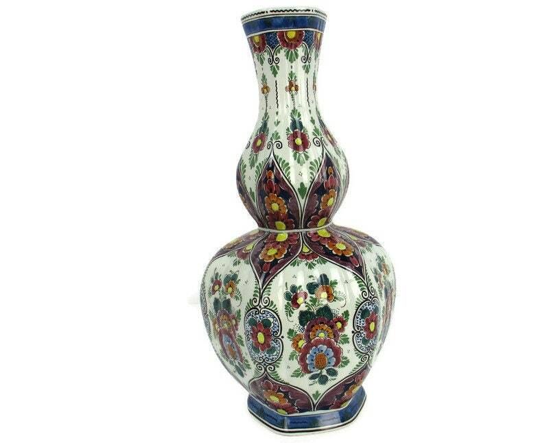 Xl Delft Holland Polychrome Porcelain  Vase Floral Design Marked 23.62"