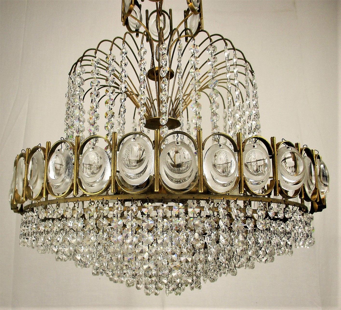 Palwa Chandelier 8 Tier  Gold Plated Swarovski Crystal Prisms 1960s Germany Htf photo 927.0