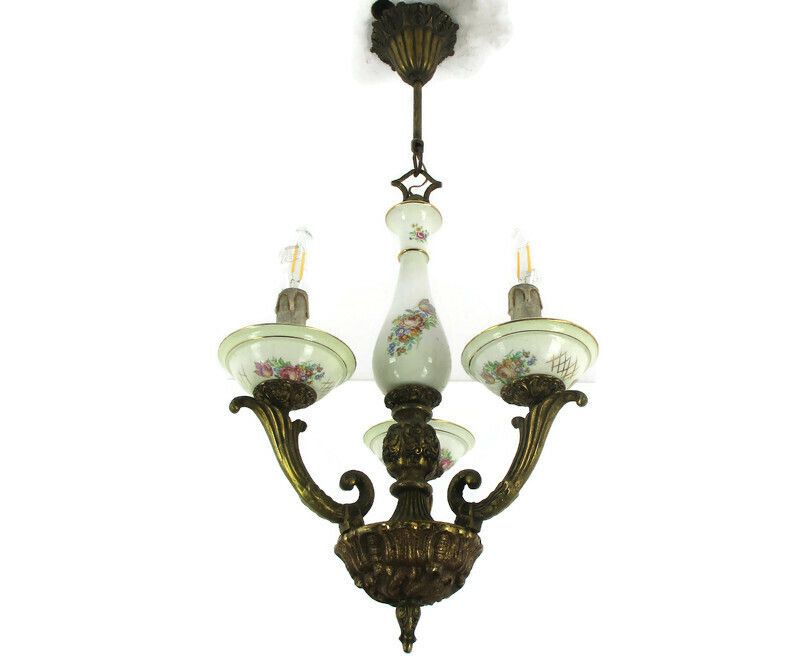 Small Chandelier Ceramic Bronze 3 Lights Arms Italian Style Hollywood Regency