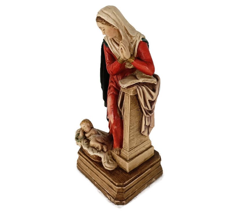 Gorgeous Statue Polychrome Resin Our Lady Madonna Mary Reading Bible With Infant