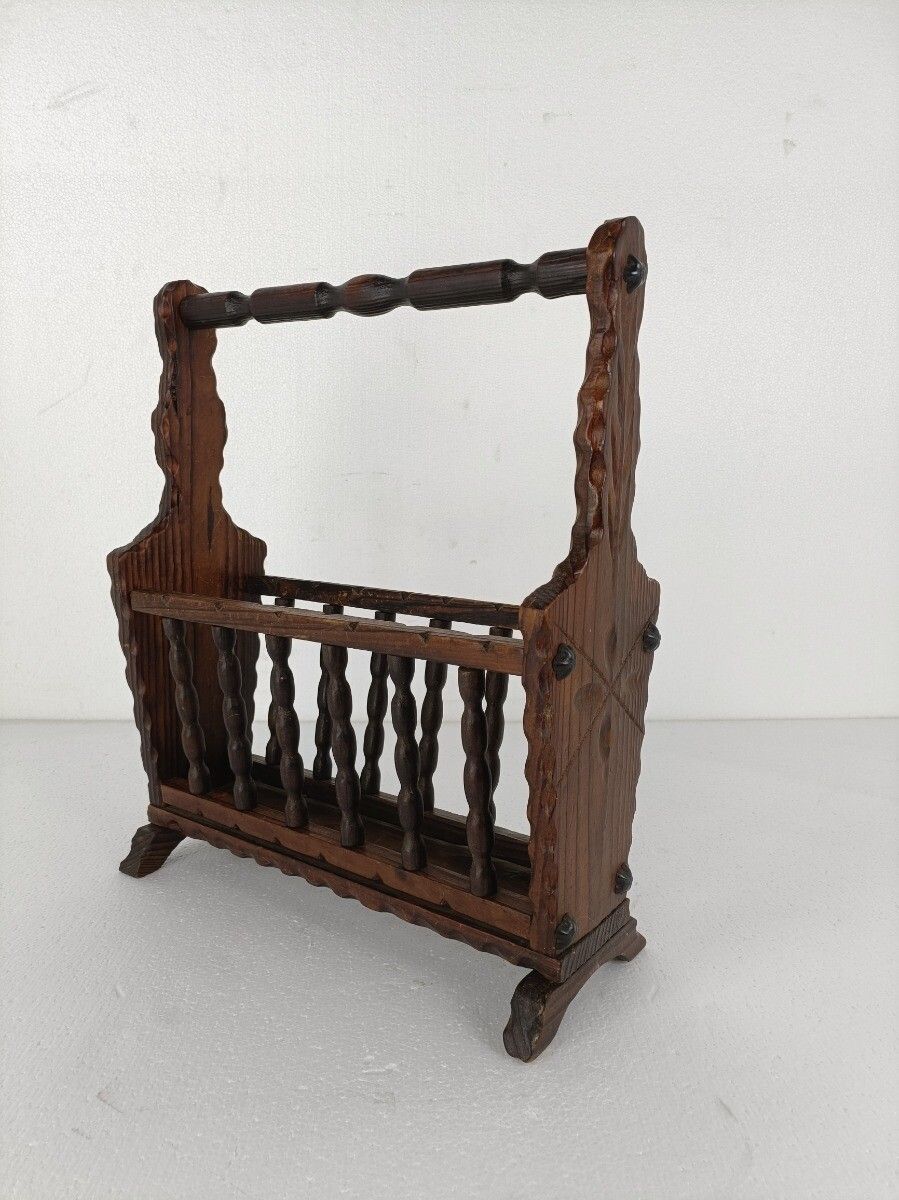 Vintage Spanish Wooden Magazine Newspaper Rack Holder Barn Country Style  Hand C photo furniture