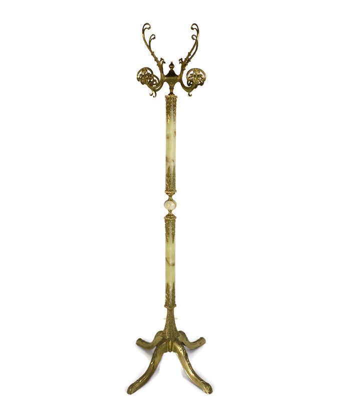 Mid Century Modern Onyx Marble Brass Hall Tree Coat Hat Rack Eyecatcher Hollywoo