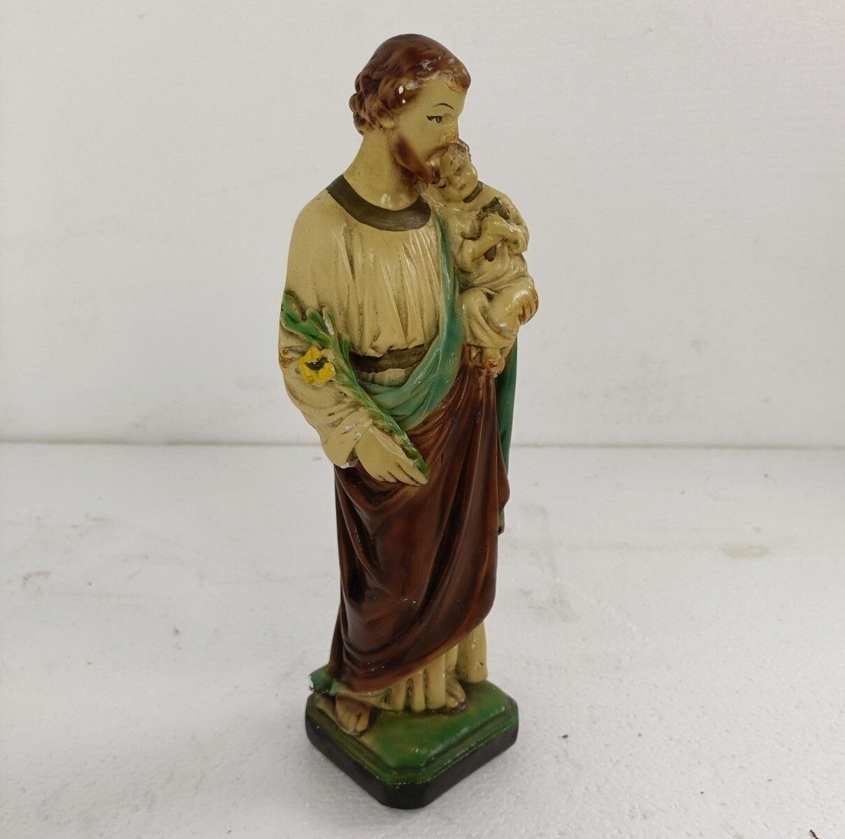 Statue Saint Joseph Protector Of Homes Infant Jesus Polychrome Plaster Lillies photo vinterior