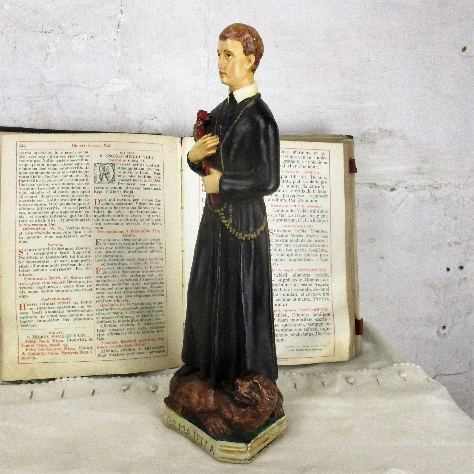 Antique Statue Saint Santo Gerard Santo Majella Dragon Plaster Priest Gothic photo vinterior