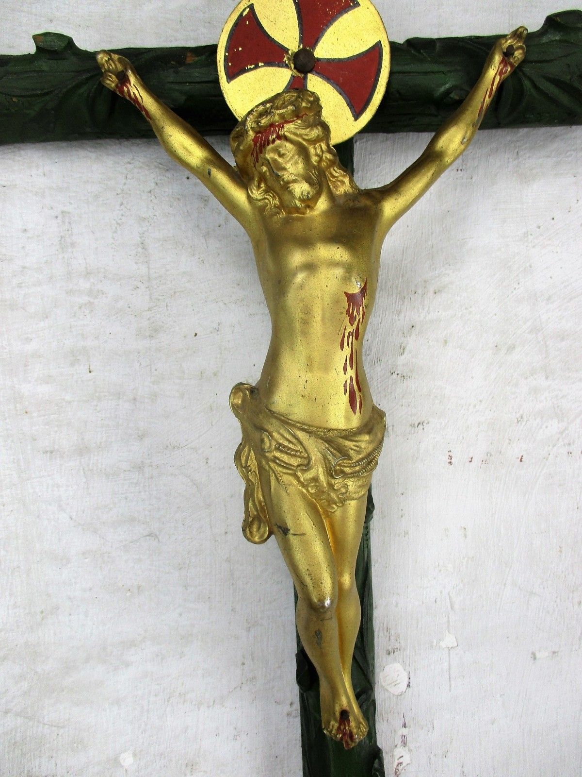 Large Polychrome Hanging Wall Crucifix Wood Brass Corpus Jesus Christ Htf 25.19" photo for sale