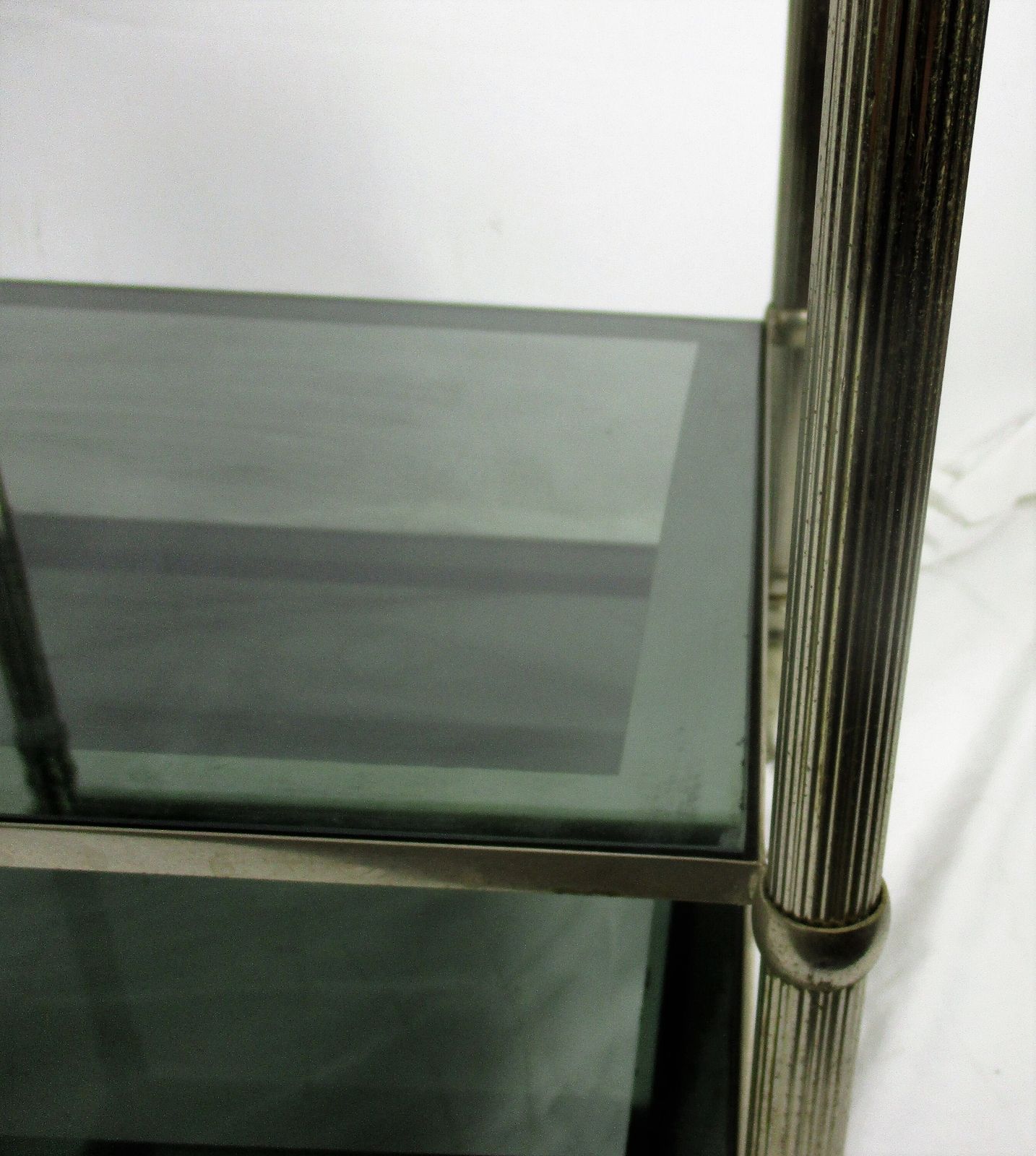 photo furniture Vintage Small Coffee Cocktail Side Table 3 Tier Smoked Glass Chrome Funky Practi
