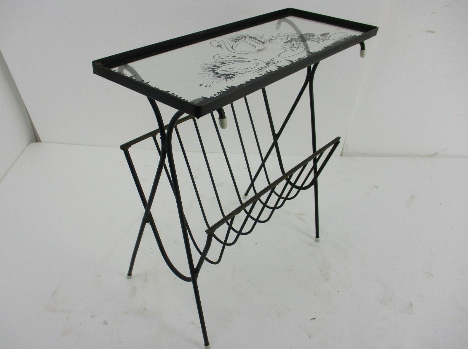 Side Table Magazine Rack  Wrought Iron Legs Glass Top Hand Painted Swans Vintage photo Furniture