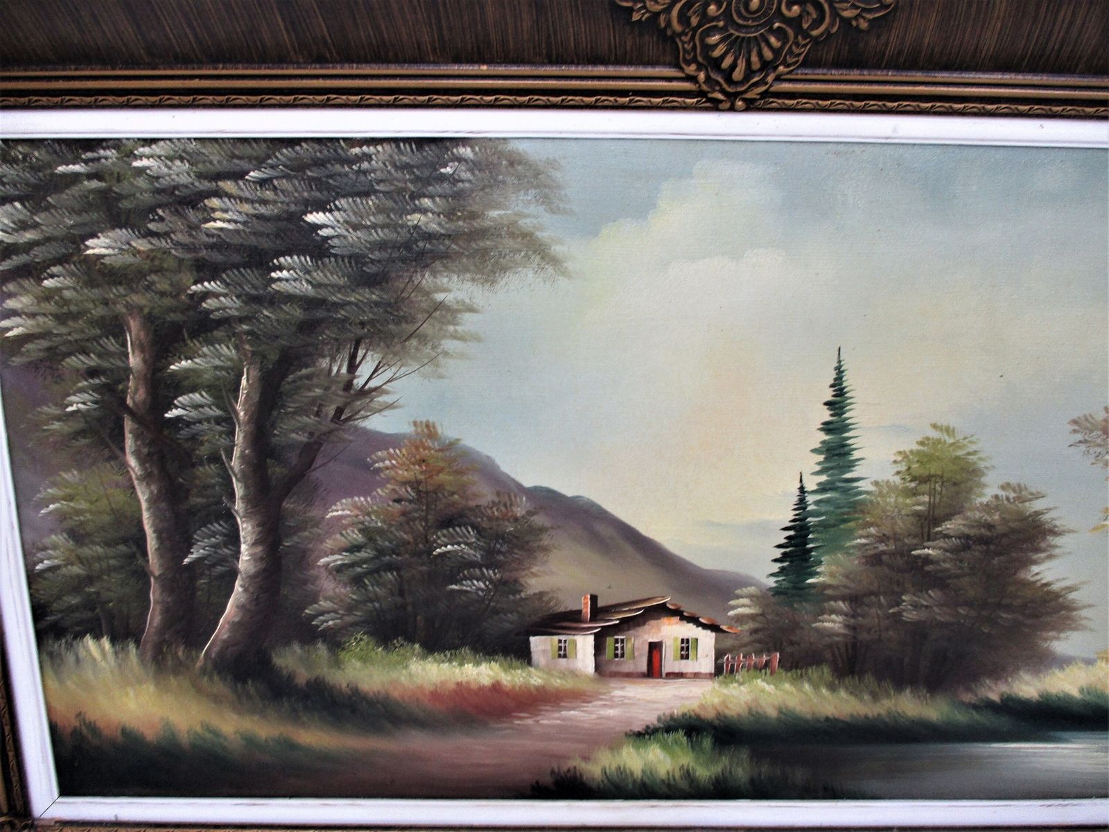 Lovely Cabin Landscape Oil Painting Canvas Framed Gorgeous Frame Signed Re Sine photo for sale