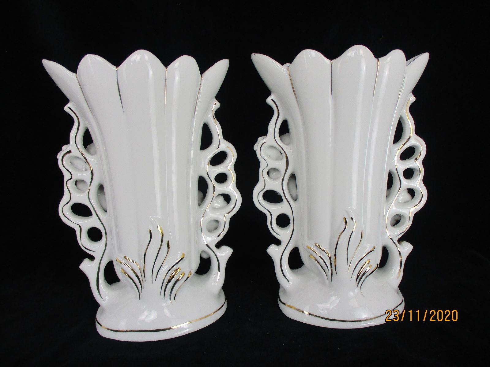 Pair Couple Vintage Porcelain Fan Flair Vases Flower Motif Beautiful Decorative photo buy