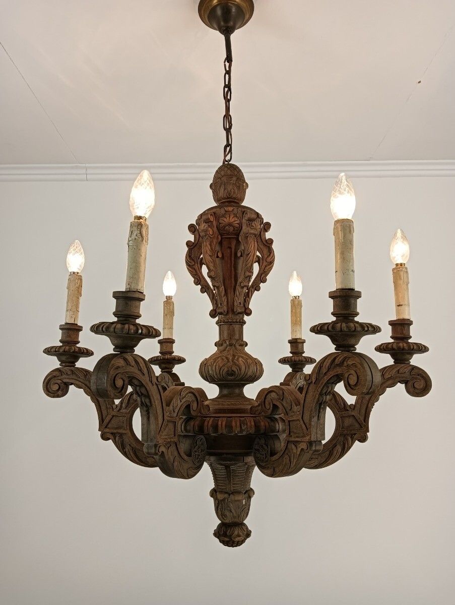 Hand Carved Ornate Wood Chandelier 6 Lights Arms Ceiling Light Lamp Mid Century photo furniture