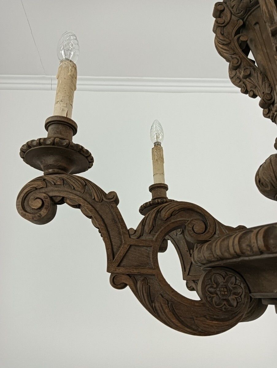 Hand Carved Ornate Wood Chandelier 6 Lights Arms Ceiling Light Lamp Mid Century photo 809.0