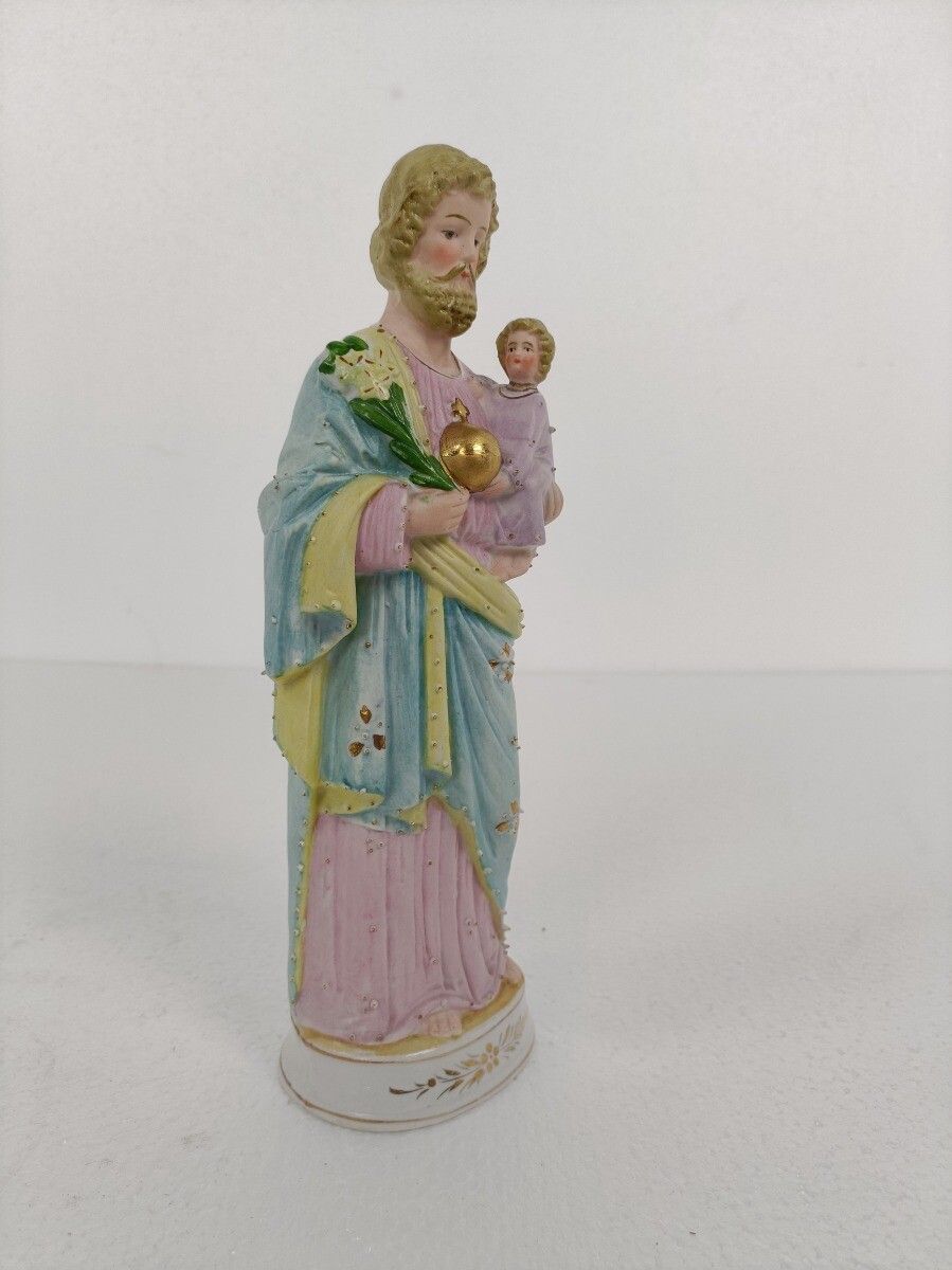 Statue Saint Joseph Protector Of Homes Infant Jesus Bisque Porcelain  Vintage photo for sale