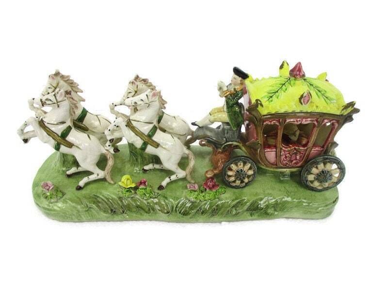 Porcelain Statue Figurine Victorian Lady In Carriage Driver Four Horses Beautifu