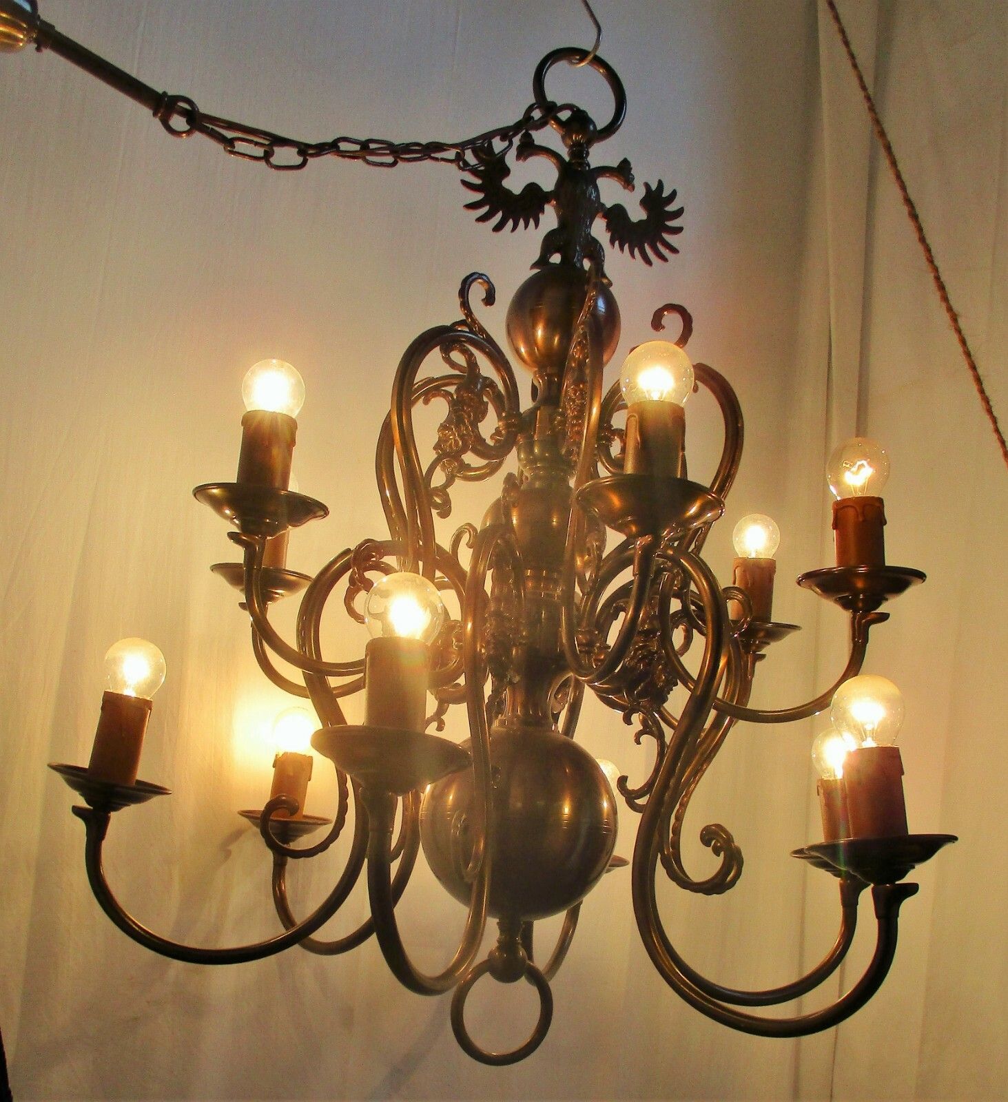 Huge Antique Flemish Double 12 Arms Castle Chandelier Eagle Jesters Gothic Brass photo furniture