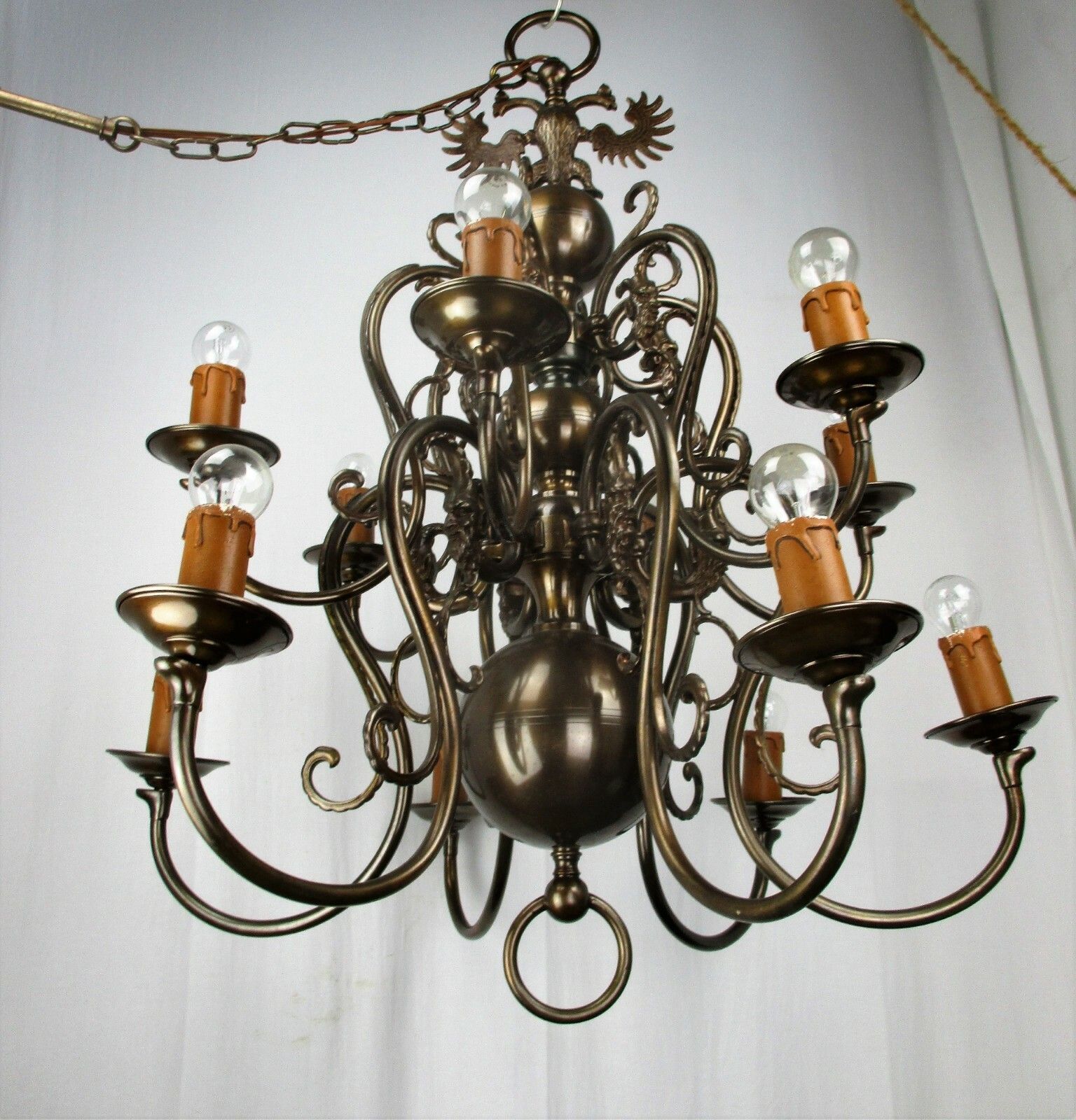 Huge Antique Flemish Double 12 Arms Castle Chandelier Eagle Jesters Gothic Brass photo 1410.0