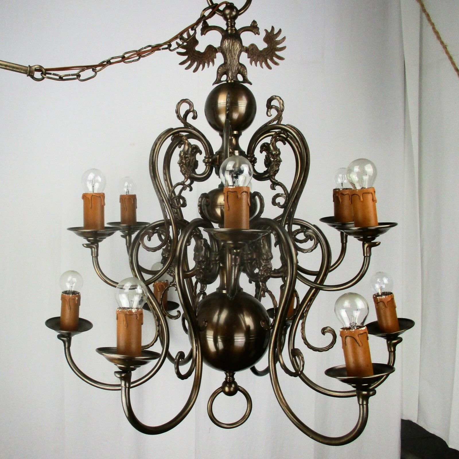 Huge Antique Flemish Double 12 Arms Castle Chandelier Eagle Jesters Gothic Brass photo vinterior