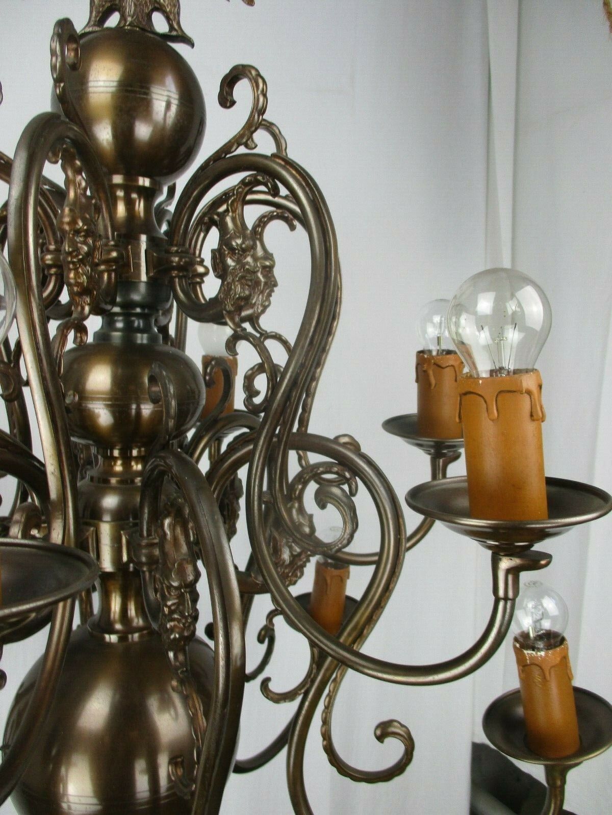 Huge Antique Flemish Double 12 Arms Castle Chandelier Eagle Jesters Gothic Brass photo vintage