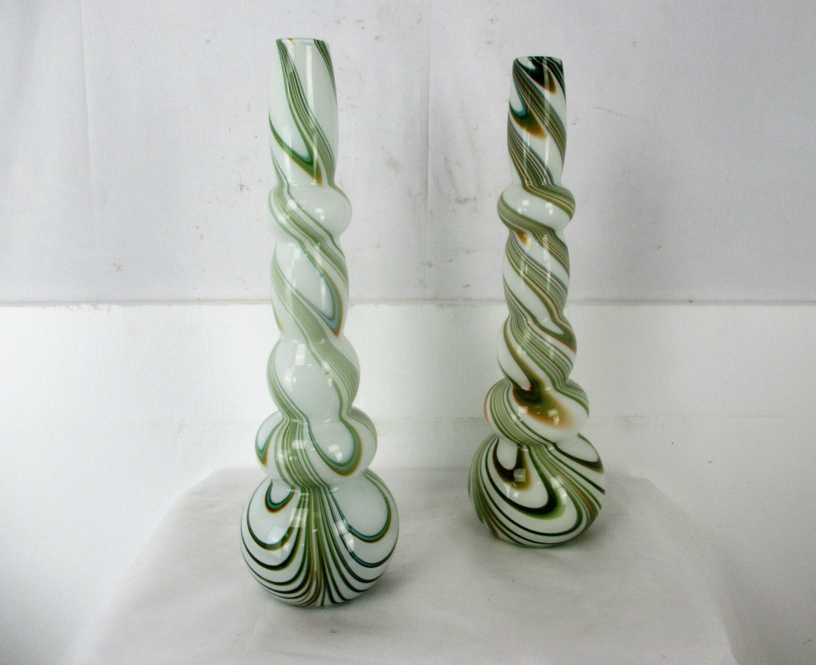Pair Funky Cased Studio Art Glass Vases Abstract Waves Large Hooped Gorgeous photo furniture
