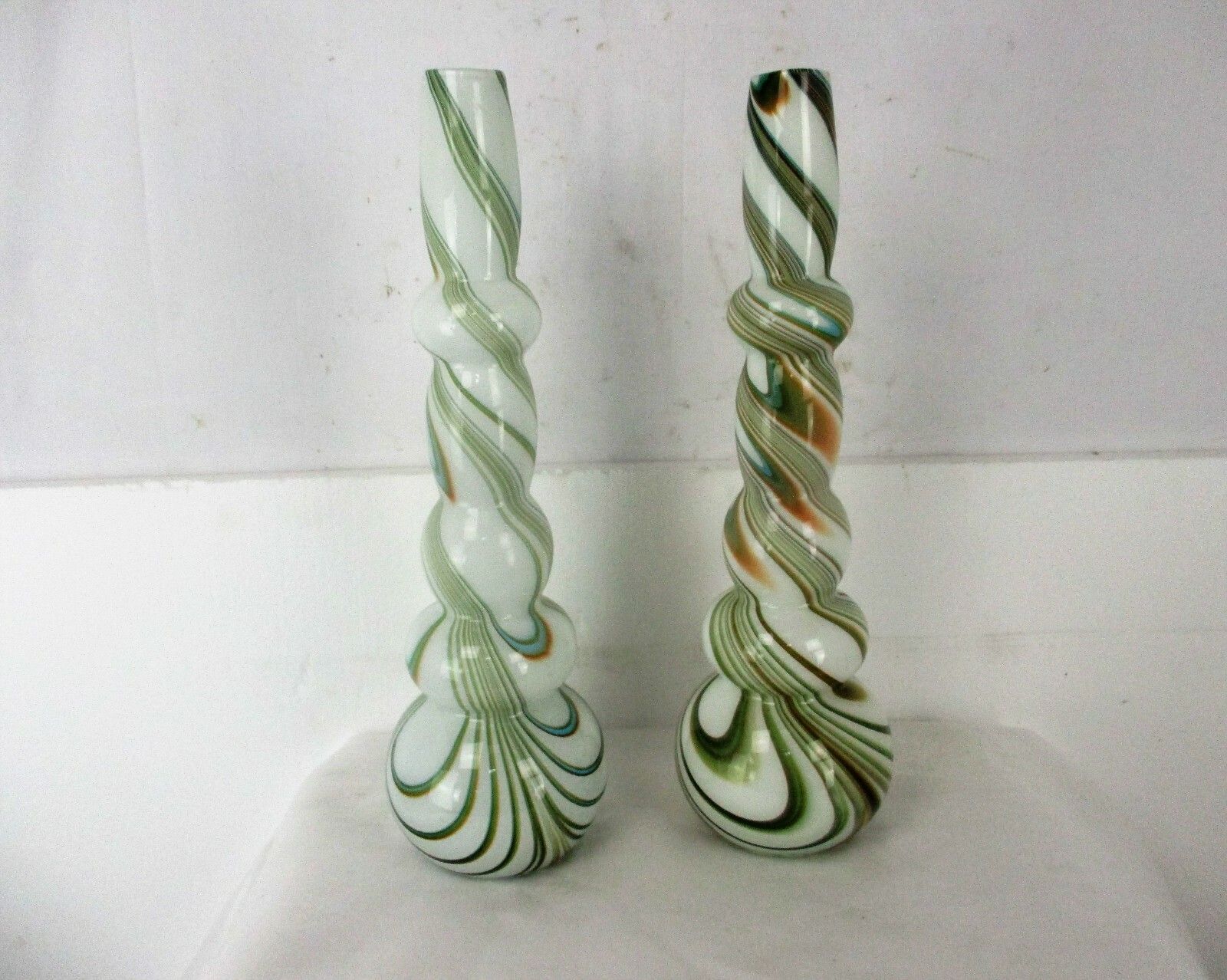 Pair Funky Cased Studio Art Glass Vases Abstract Waves Large Hooped Gorgeous photo for sale
