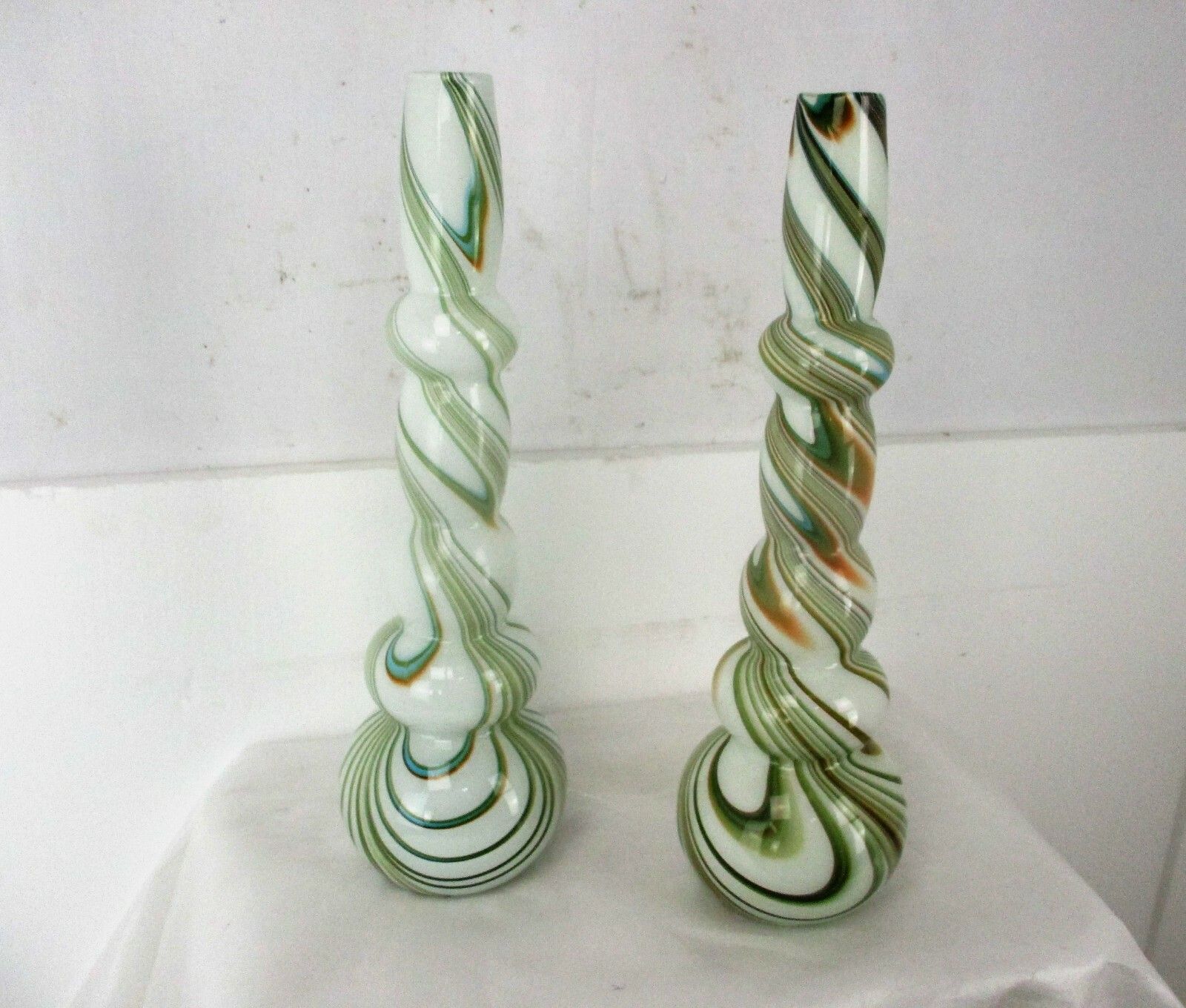 Pair Funky Cased Studio Art Glass Vases Abstract Waves Large Hooped Gorgeous photo Home Decor