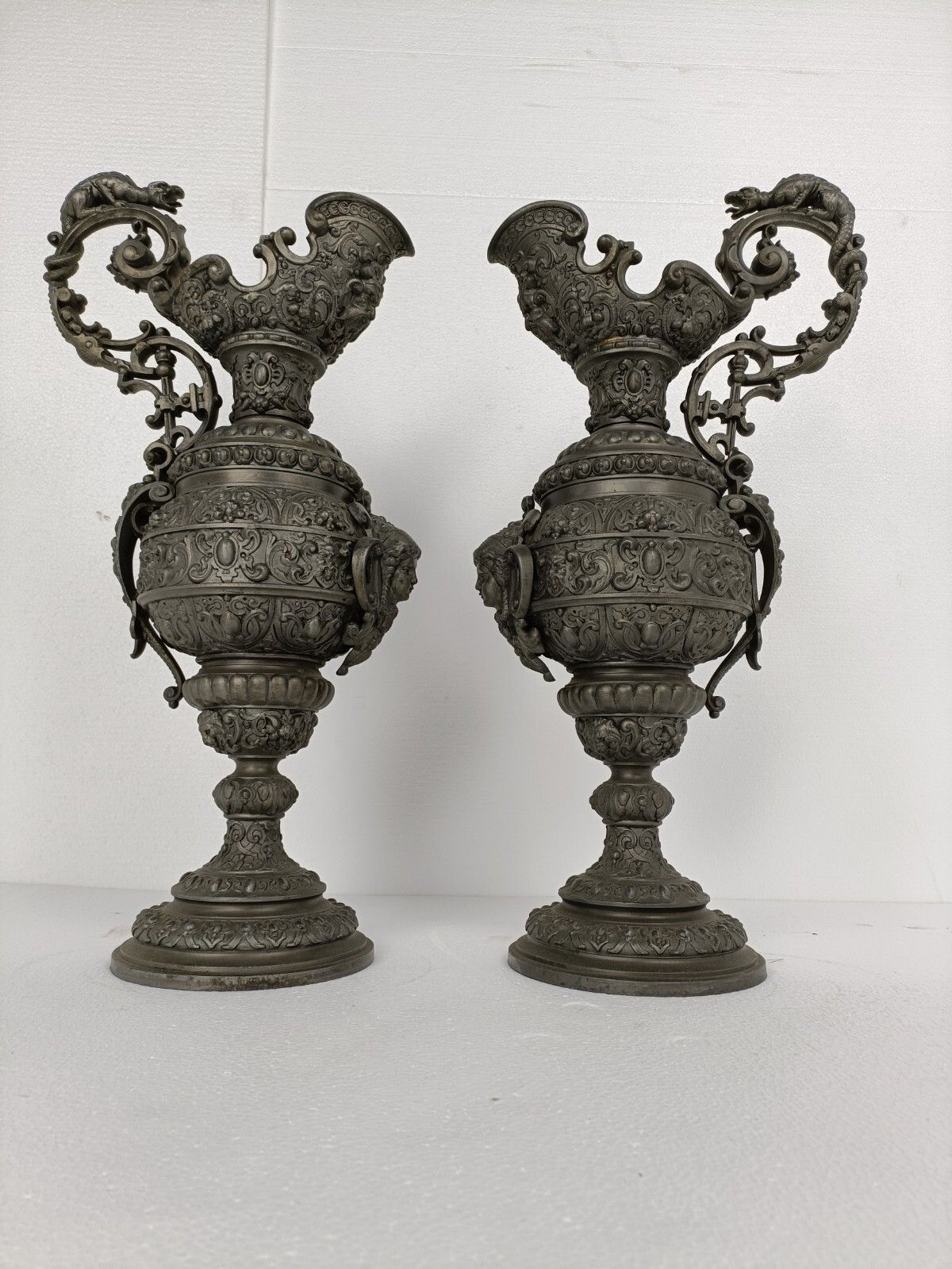 Couple Art Nouveau Jar Pitcher Spelter Art Work Mythology Dragons Medusa Htf photo vinterior