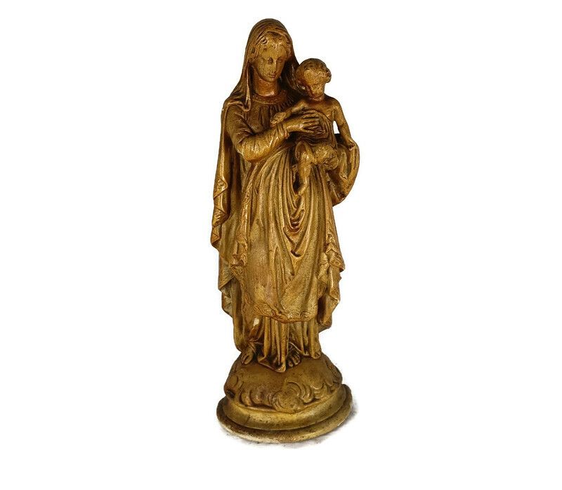 Statue Virgin Mary Infant Jesus Child Gold Brown Plaster Ornate Antique
