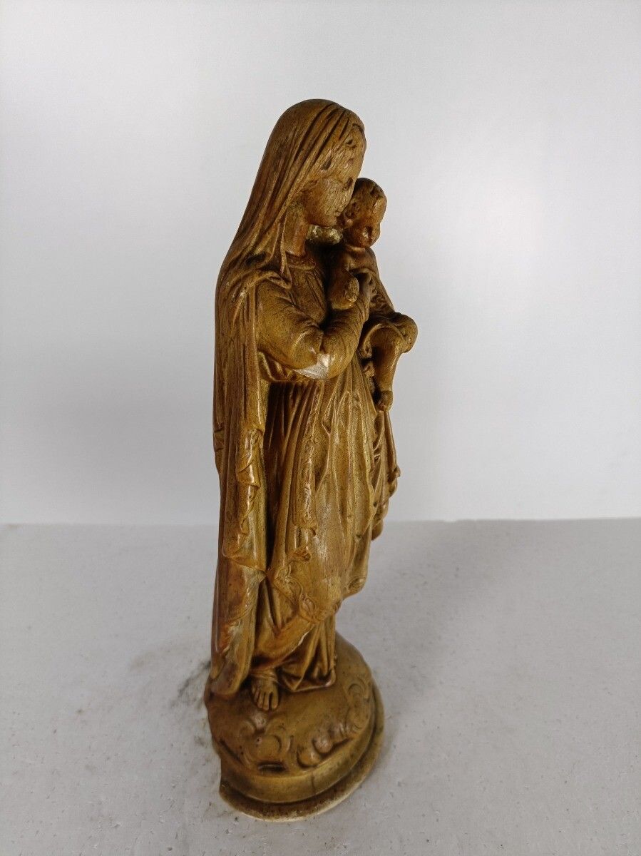 Statue Virgin Mary Infant Jesus Child Gold Brown Plaster Ornate Antique photo Art