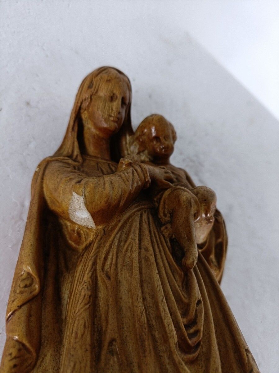 Statue Virgin Mary Infant Jesus Child Gold Brown Plaster Ornate Antique photo 65.0