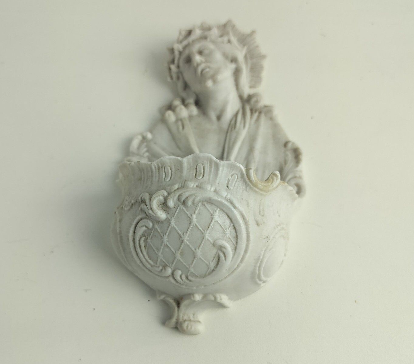 Antique Holy Water Font Vessel  Bisque Porcelain Jesus Christ Head Of Thorns photo furniture