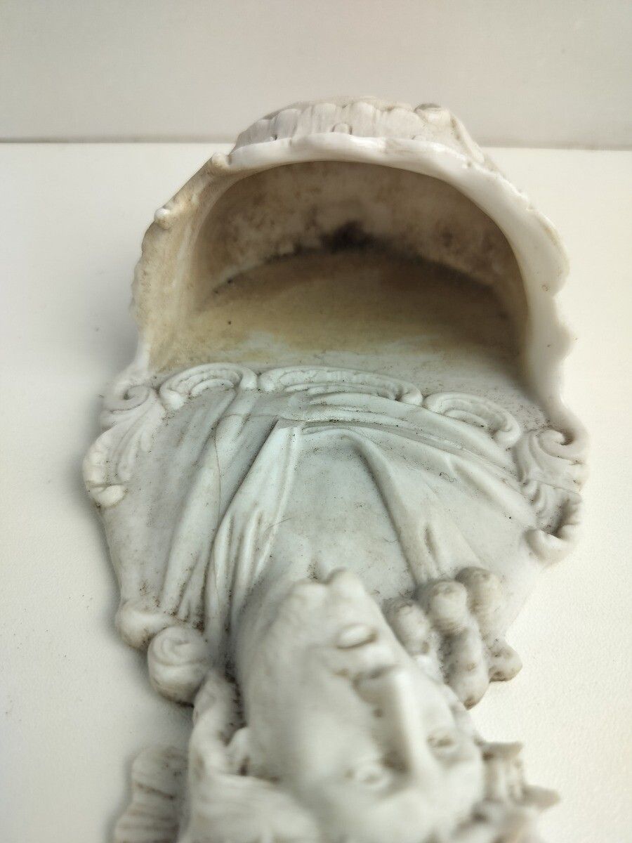 Antique Holy Water Font Vessel  Bisque Porcelain Jesus Christ Head Of Thorns photo vintage