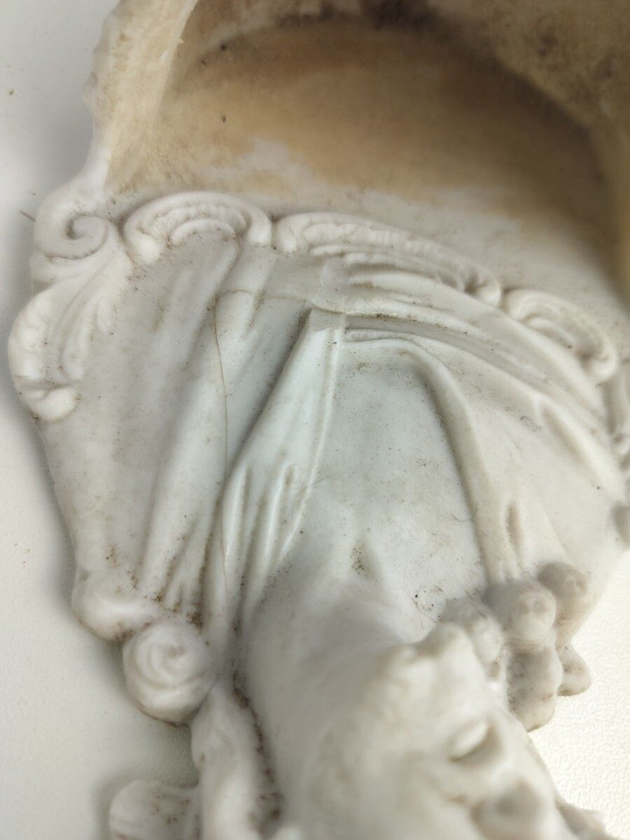 photo furniture Antique Holy Water Font Vessel  Bisque Porcelain Jesus Christ Head Of Thorns